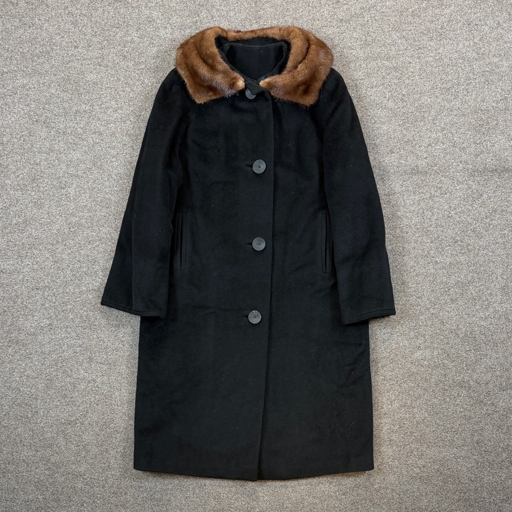 Vintage 80s Long Black Pea Coat Women L Fur Collar Button Front Ebonique Worumbo
